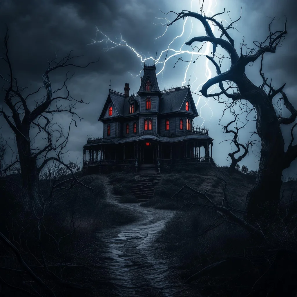 Haunted Victorian mansion on stormy hill, lightning flash, twisted dead trees, gothic horror atmosphere - Luma Photon
