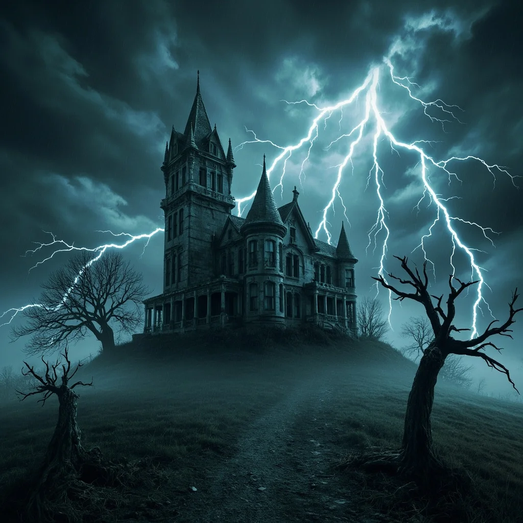 Haunted Victorian mansion on stormy hill, lightning flash, twisted dead trees, gothic horror atmosphere - MiniMax Image-01
