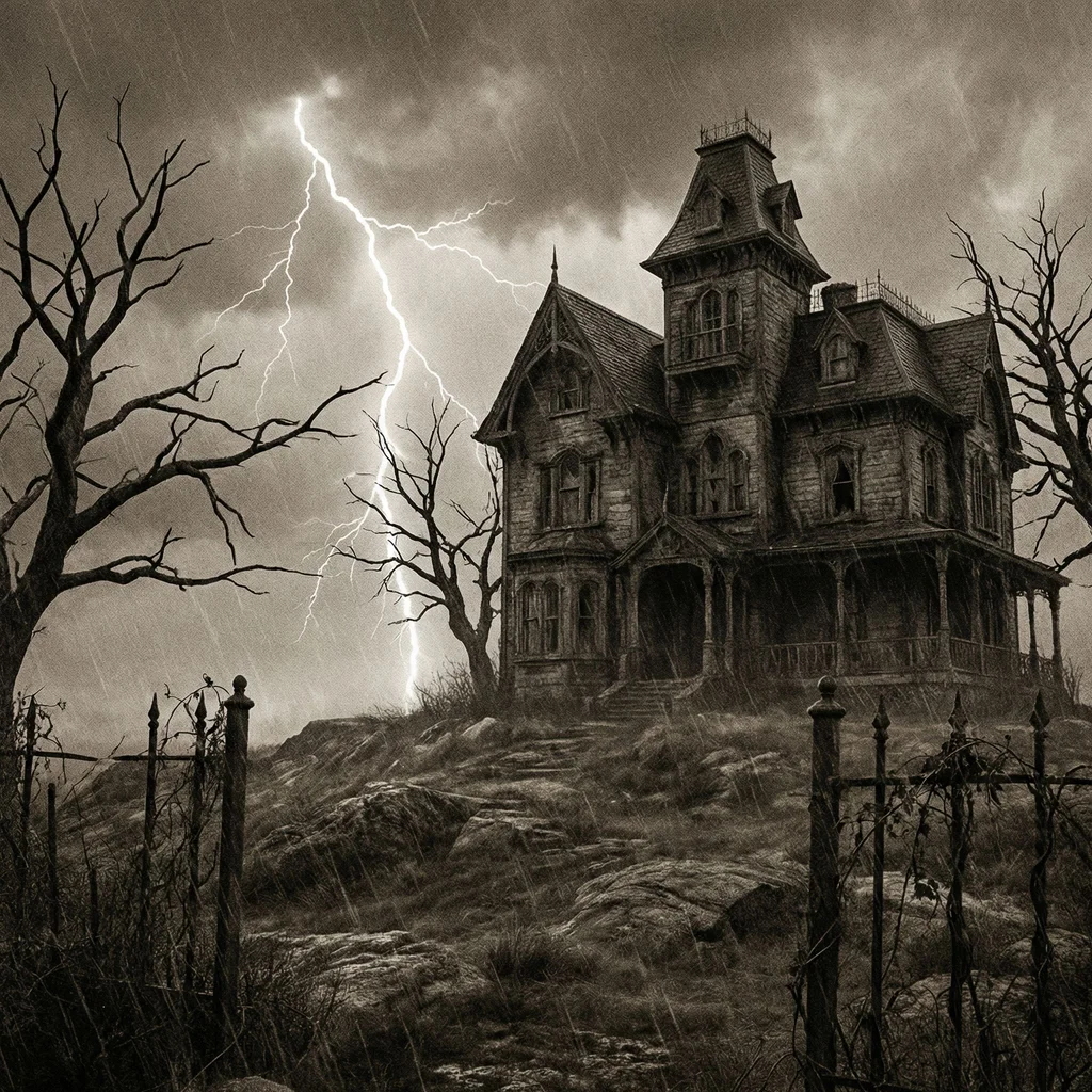 Haunted Victorian mansion on stormy hill, lightning flash, twisted dead trees, gothic horror atmosphere - Nano Banana Pro