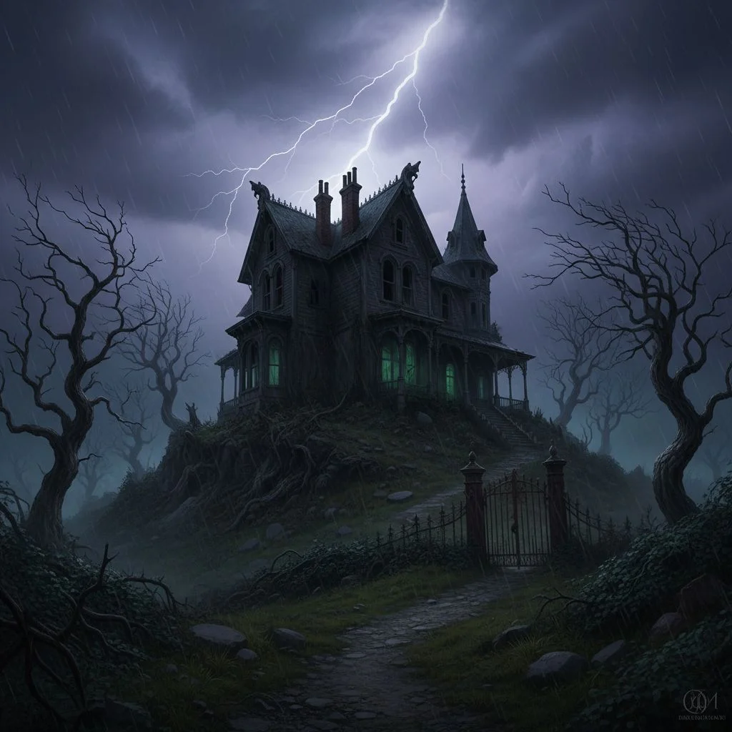 Haunted Victorian mansion on stormy hill, lightning flash, twisted dead trees, gothic horror atmosphere - Nano Banana
