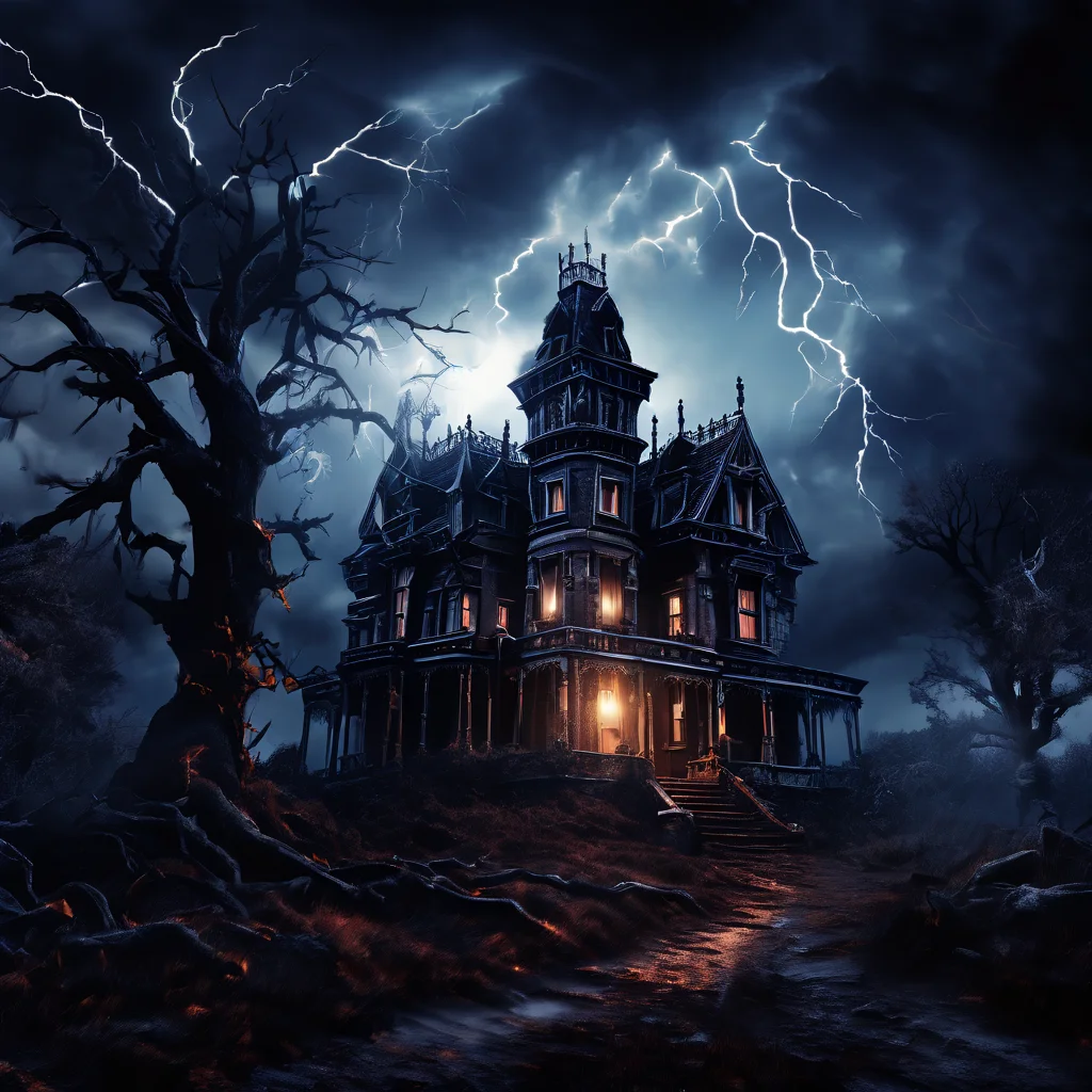 Haunted Victorian mansion on stormy hill, lightning flash, twisted dead trees, gothic horror atmosphere - Playground v2.5