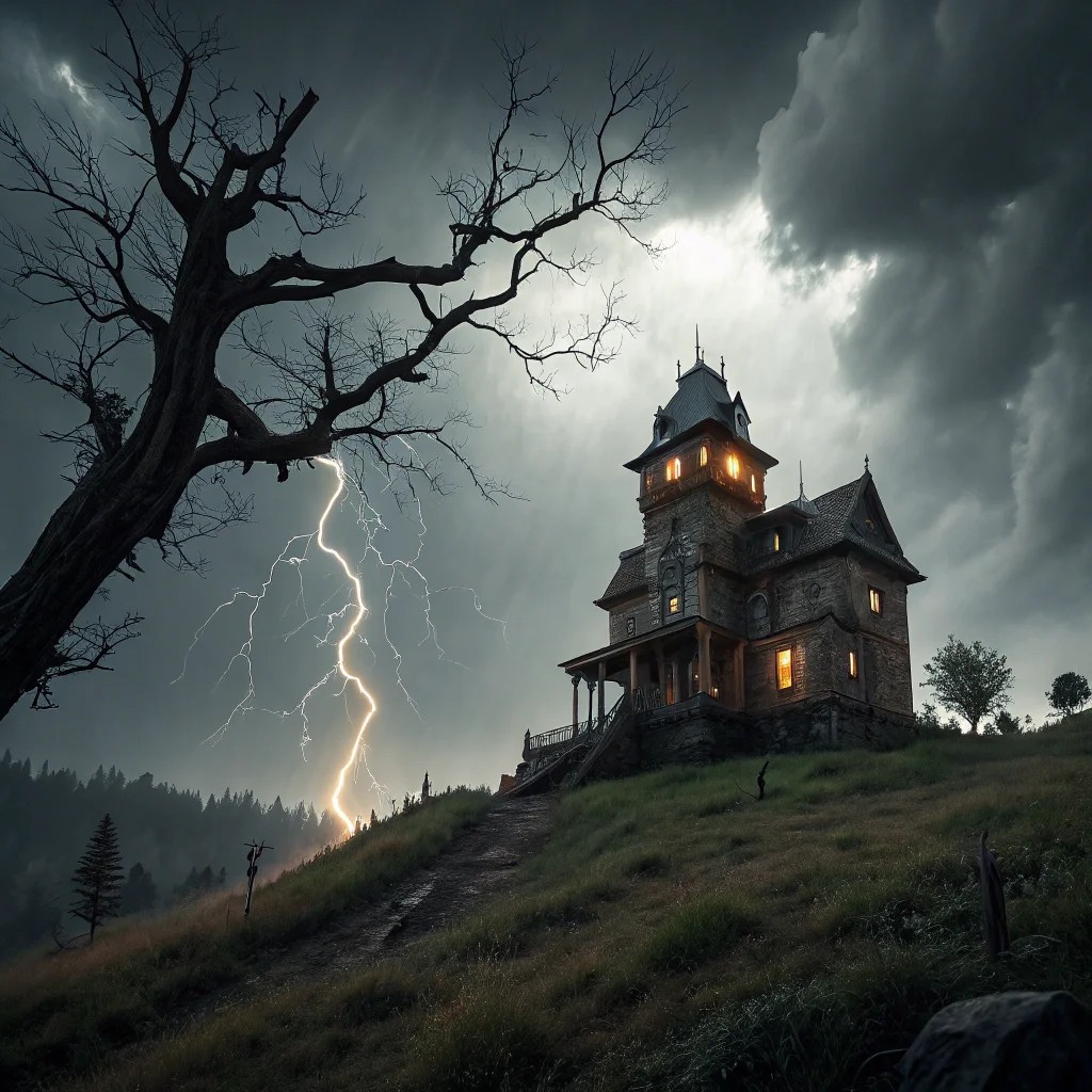 Haunted Victorian mansion on stormy hill, lightning flash, twisted dead trees, gothic horror atmosphere - Recraft V3