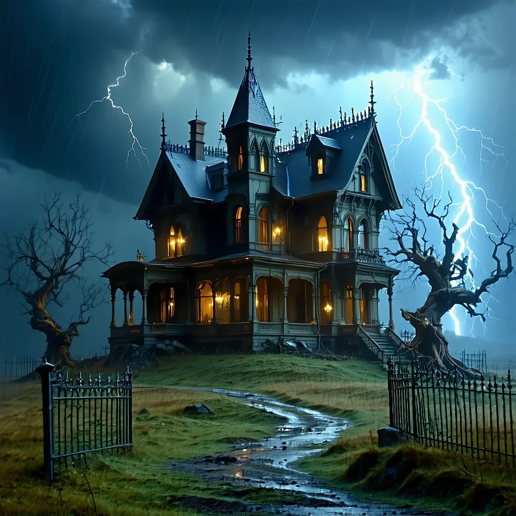 Haunted Victorian mansion on stormy hill, lightning flash, twisted dead trees, gothic horror atmosphere - Stable Diffusion 3.5 Large