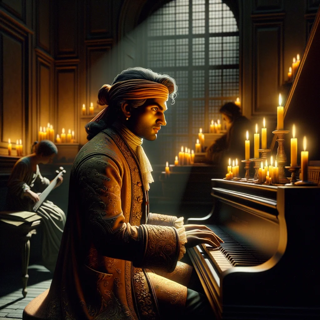 Portrait of classical composer at piano, candlelit room, 18th century attire, dramatic Rembrandt lighting - DALL-E 3