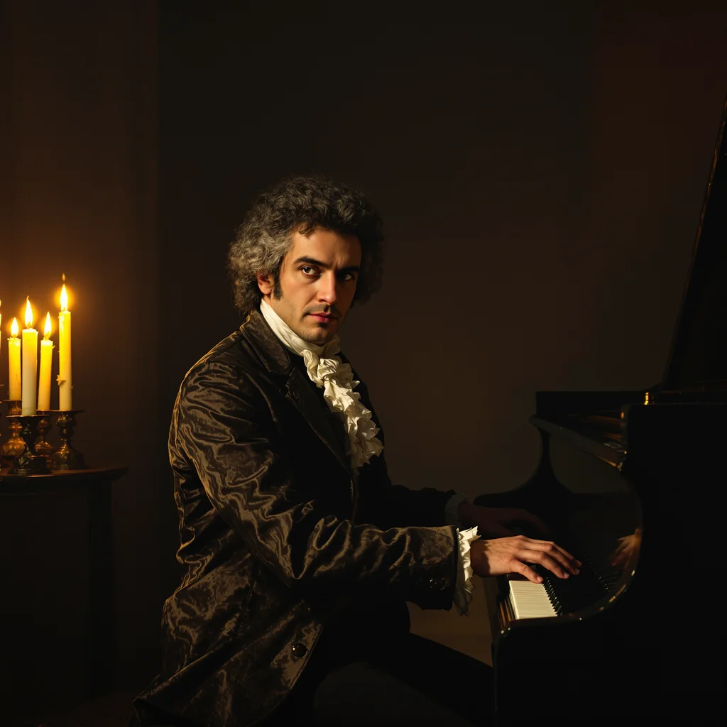 Portrait of classical composer at piano, candlelit room, 18th century attire, dramatic Rembrandt lighting - Flux 1.1 Pro Ultra