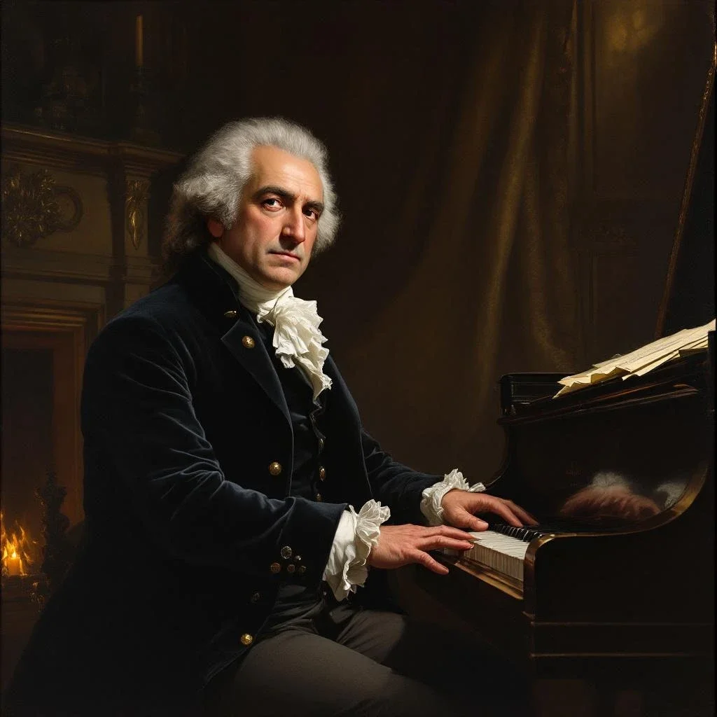 Portrait of classical composer at piano, candlelit room, 18th century attire, dramatic Rembrandt lighting - Flux 1.1 Pro
