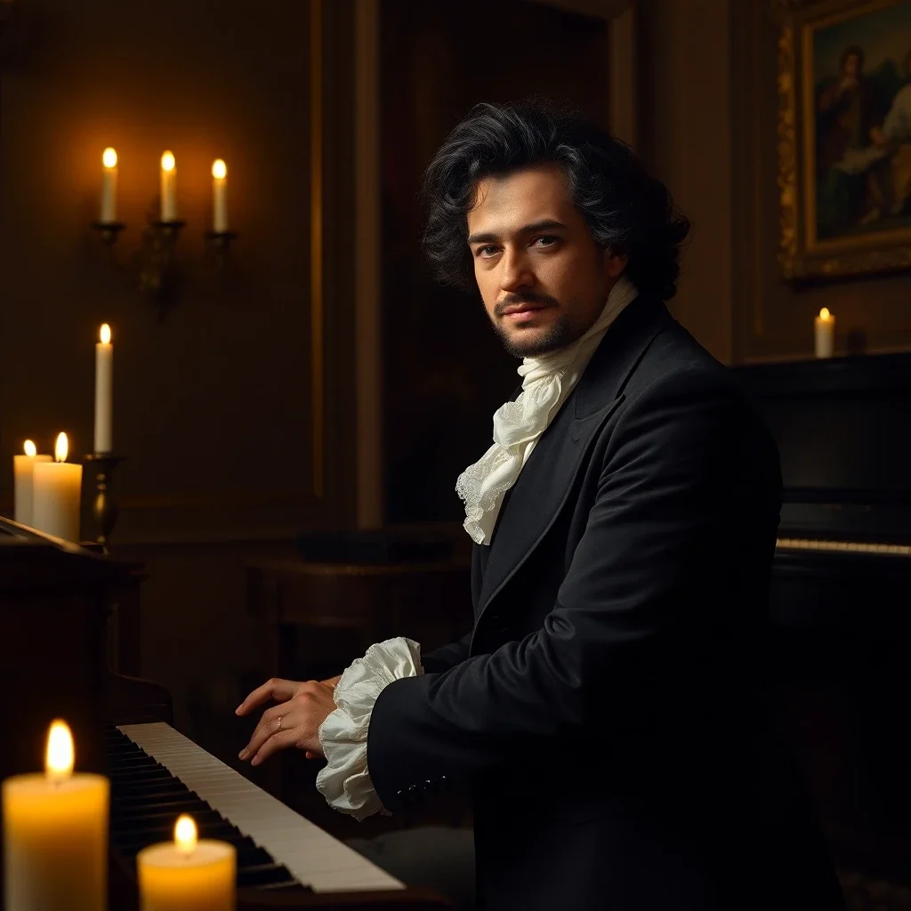 Portrait of classical composer at piano, candlelit room, 18th century attire, dramatic Rembrandt lighting - Flux Schnell