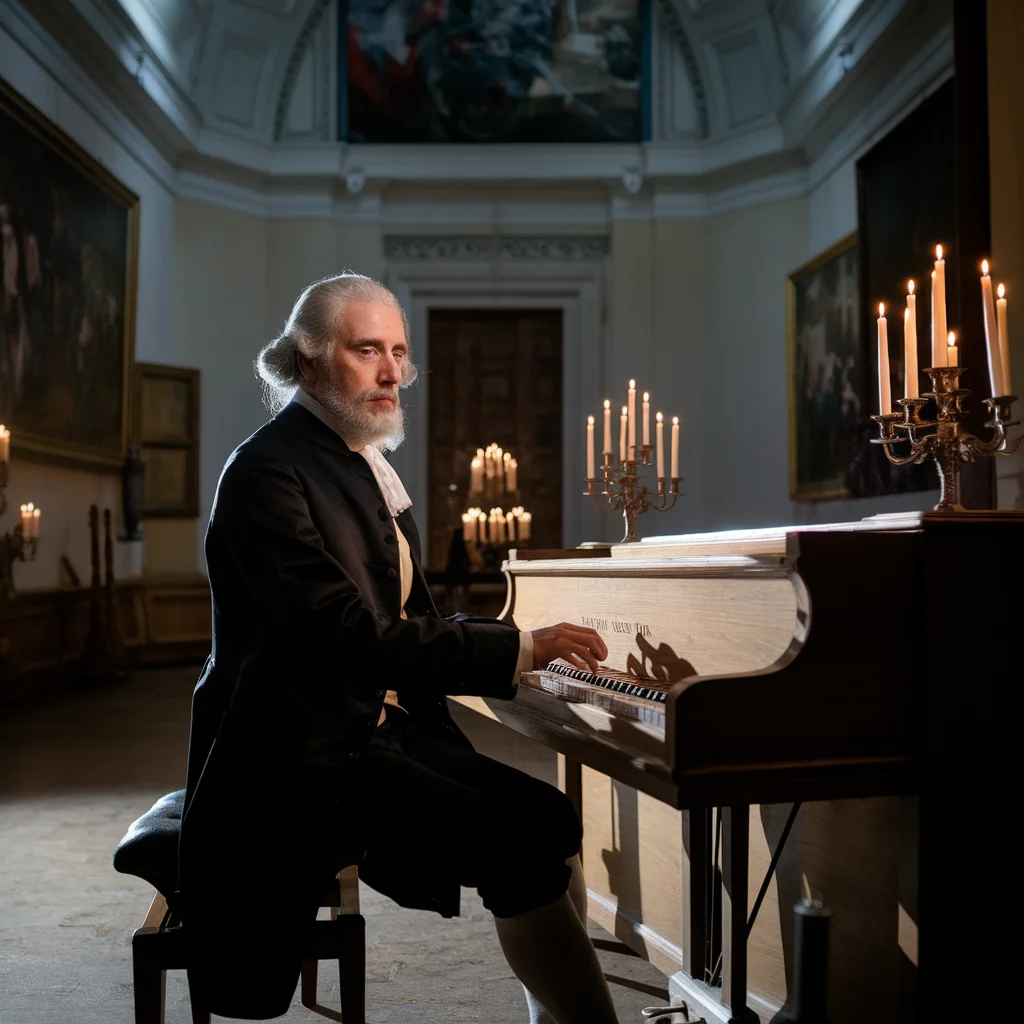Portrait of classical composer at piano, candlelit room, 18th century attire, dramatic Rembrandt lighting - Ideogram v2 Turbo