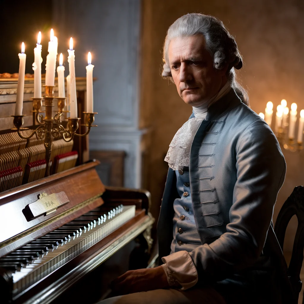 Portrait of classical composer at piano, candlelit room, 18th century attire, dramatic Rembrandt lighting - Ideogram v2