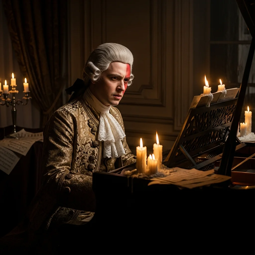 Portrait of classical composer at piano, candlelit room, 18th century attire, dramatic Rembrandt lighting - Imagen 4