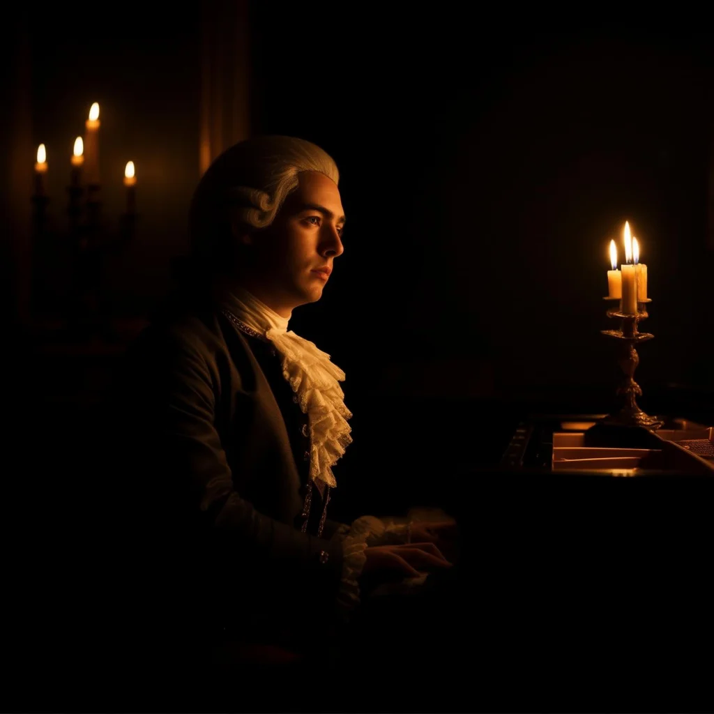 Portrait of classical composer at piano, candlelit room, 18th century attire, dramatic Rembrandt lighting - Luma Photon Flash