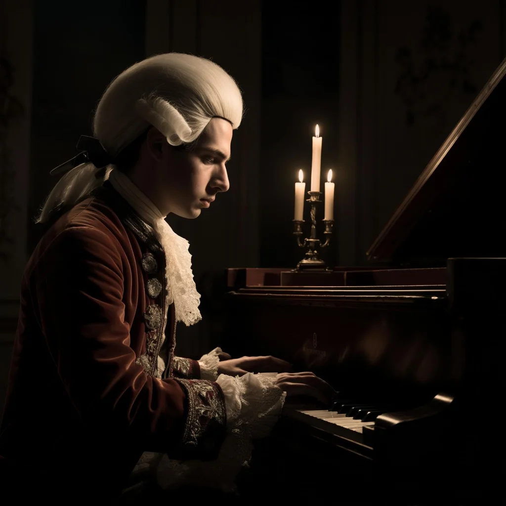 Portrait of classical composer at piano, candlelit room, 18th century attire, dramatic Rembrandt lighting - Luma Photon