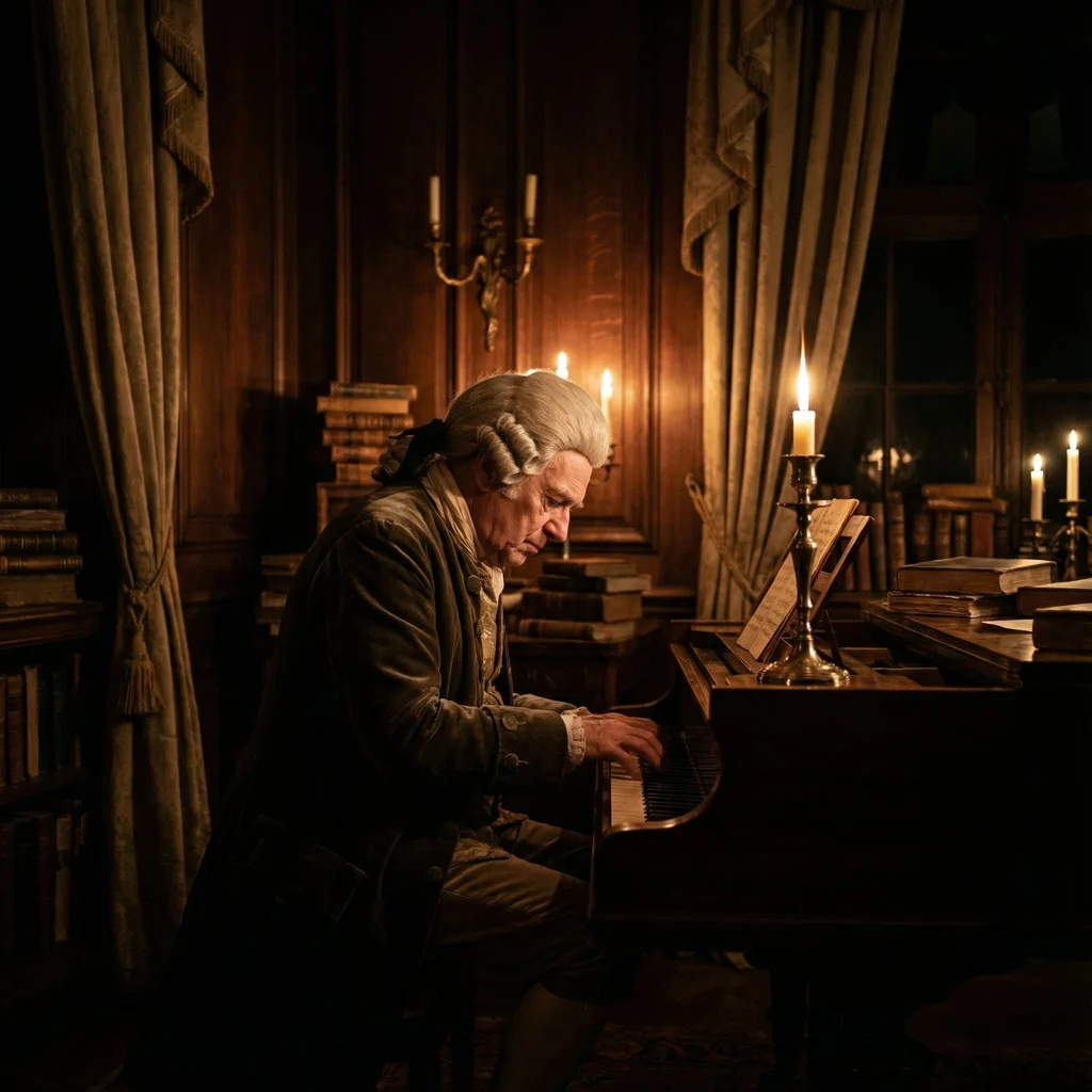 Portrait of classical composer at piano, candlelit room, 18th century attire, dramatic Rembrandt lighting - Nano Banana Pro