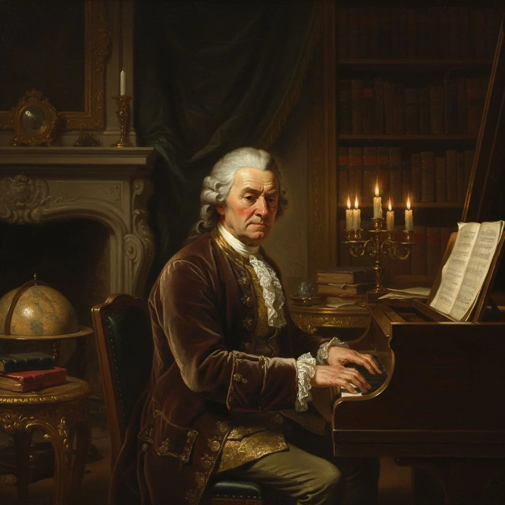Portrait of classical composer at piano, candlelit room, 18th century attire, dramatic Rembrandt lighting - Nano Banana