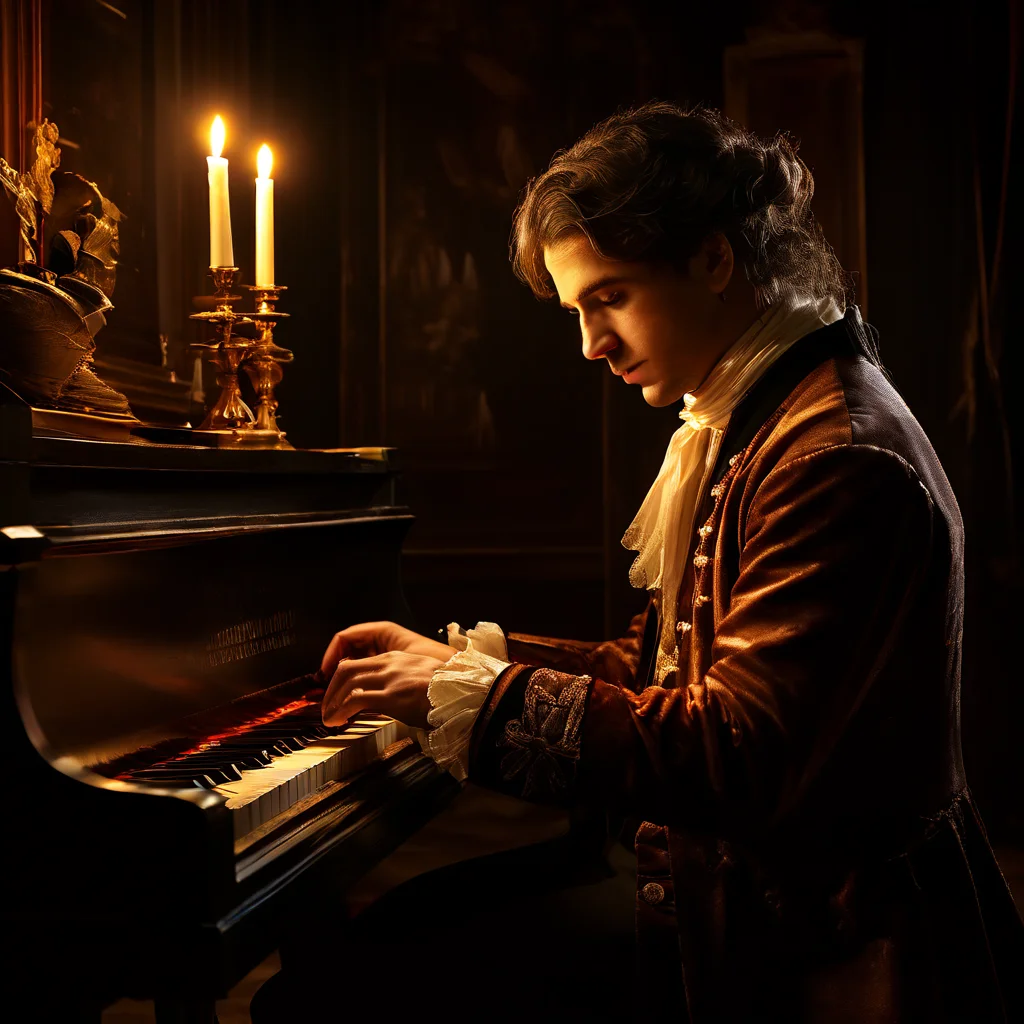 Portrait of classical composer at piano, candlelit room, 18th century attire, dramatic Rembrandt lighting - Playground v2.5