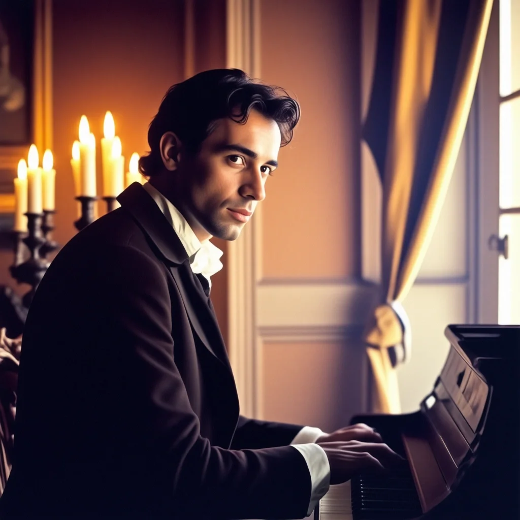 Portrait of classical composer at piano, candlelit room, 18th century attire, dramatic Rembrandt lighting - SD 3.5 Large Turbo