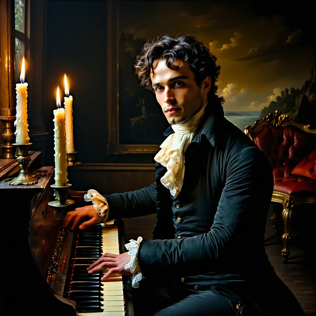 Portrait of classical composer at piano, candlelit room, 18th century attire, dramatic Rembrandt lighting - Stable Diffusion 3.5 Large