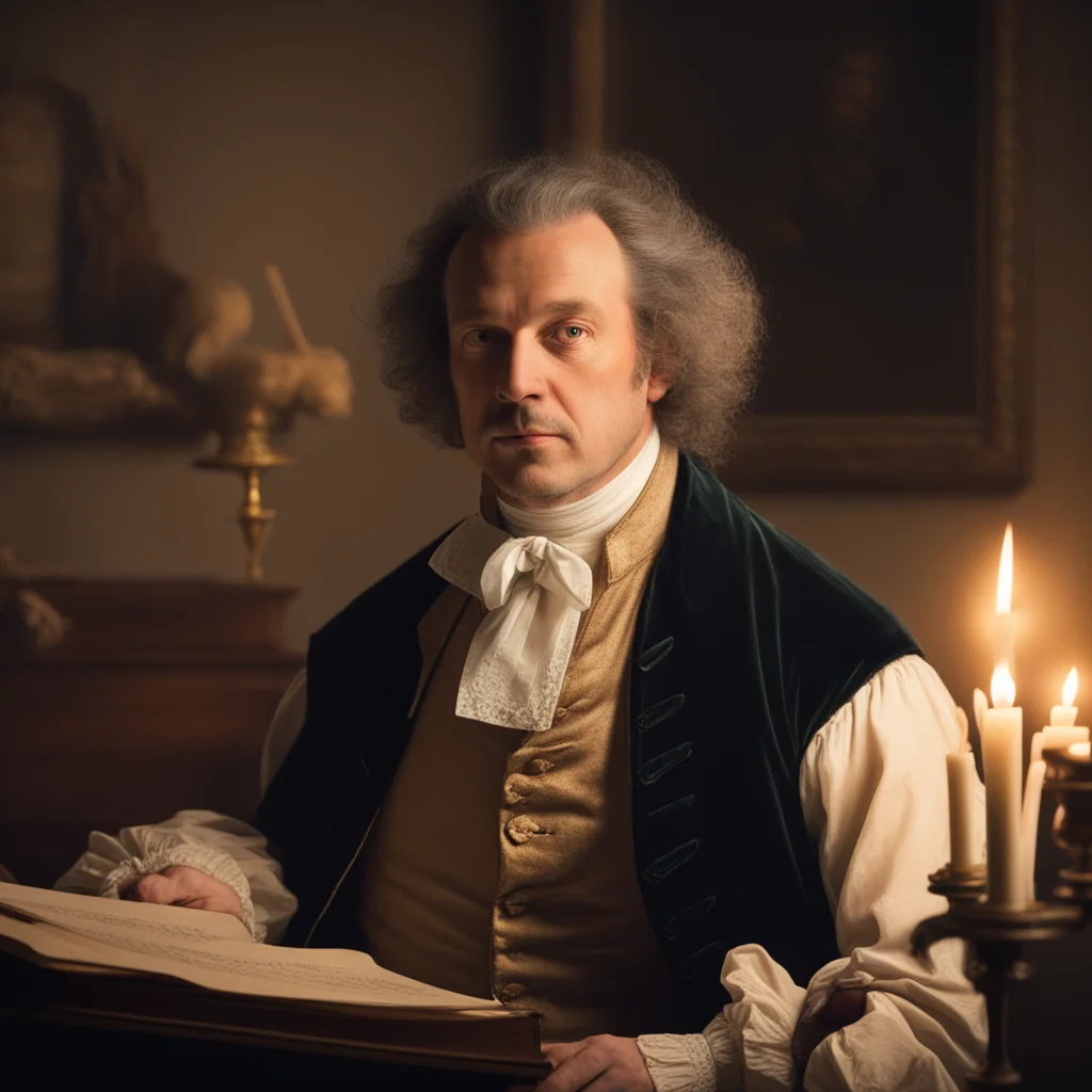 Portrait of classical composer at piano, candlelit room, 18th century attire, dramatic Rembrandt lighting - Stable Diffusion XL