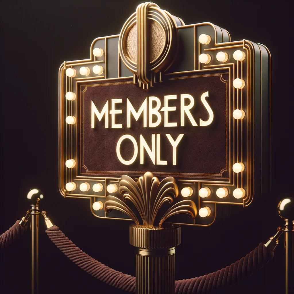 MEMBERS ONLY vintage velvet rope club sign, art deco styling, brass fixtures, exclusive nightclub entrance - DALL-E 3