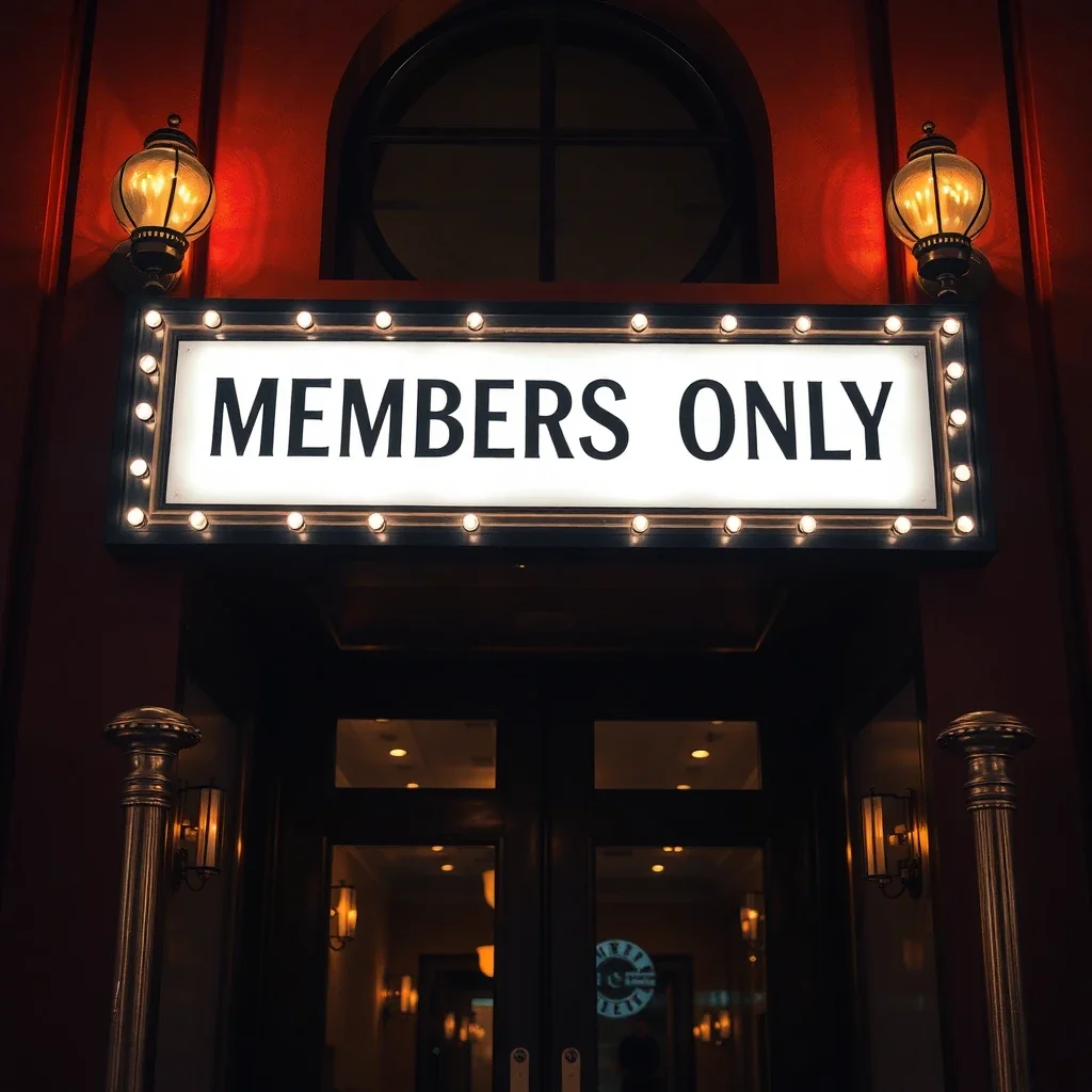 MEMBERS ONLY vintage velvet rope club sign, art deco styling, brass fixtures, exclusive nightclub entrance - Flux Schnell