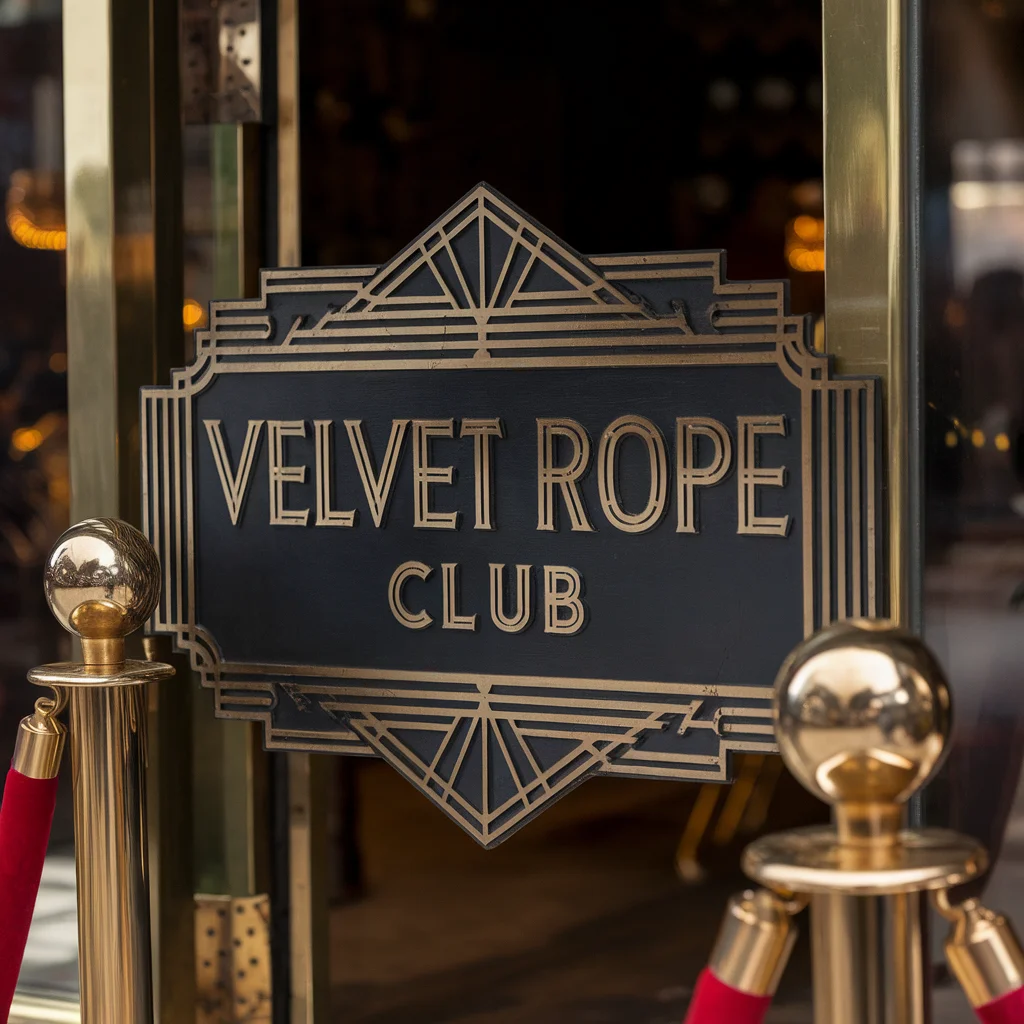 MEMBERS ONLY vintage velvet rope club sign, art deco styling, brass fixtures, exclusive nightclub entrance - Ideogram v2 Turbo