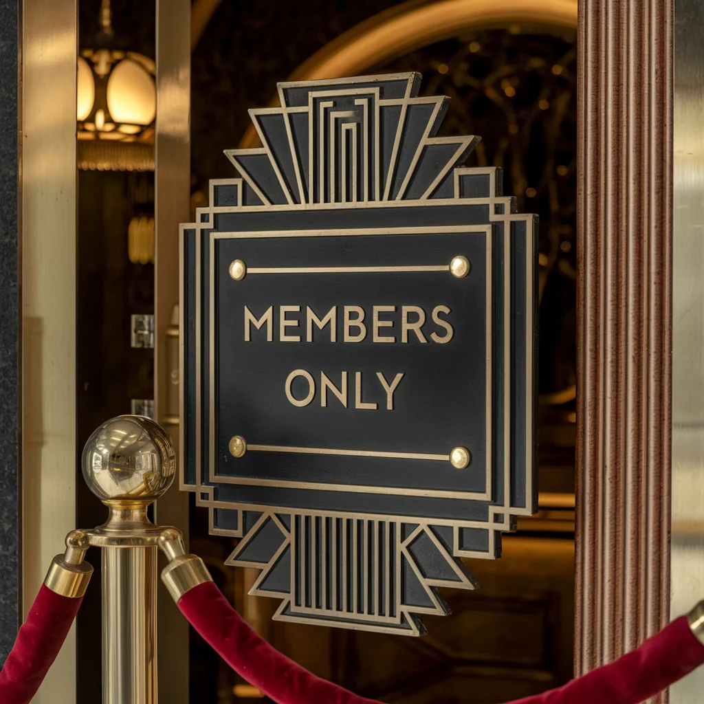 MEMBERS ONLY vintage velvet rope club sign, art deco styling, brass fixtures, exclusive nightclub entrance - Ideogram v2