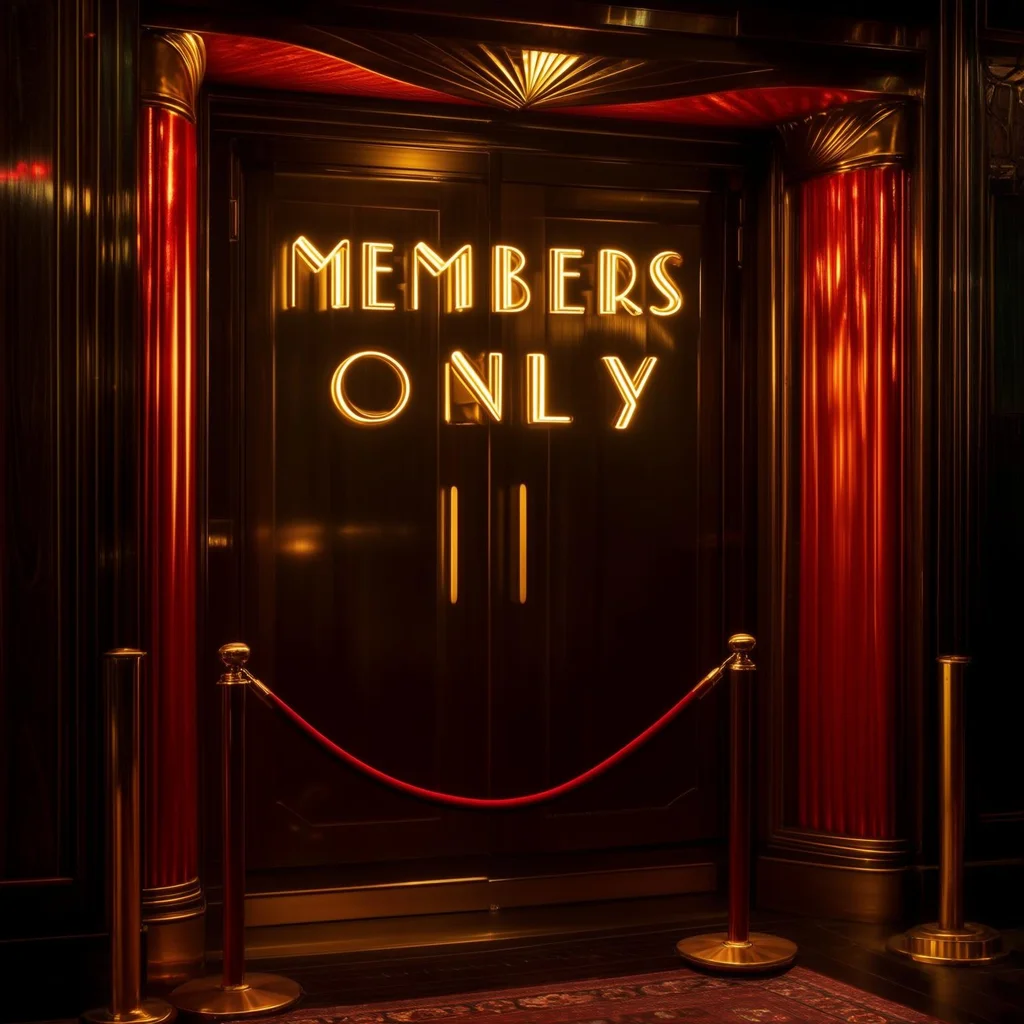 MEMBERS ONLY vintage velvet rope club sign, art deco styling, brass fixtures, exclusive nightclub entrance - Luma Photon Flash