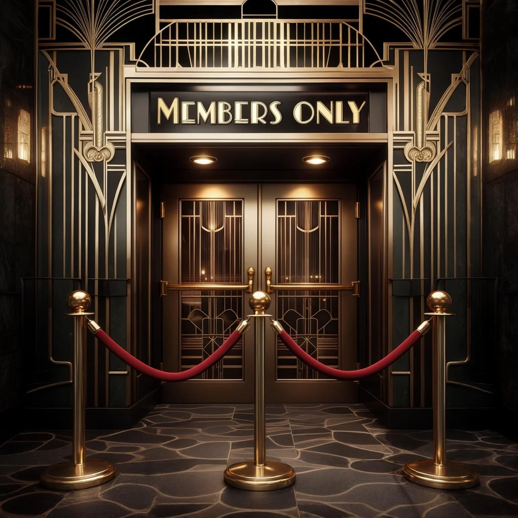 MEMBERS ONLY vintage velvet rope club sign, art deco styling, brass fixtures, exclusive nightclub entrance - Luma Photon