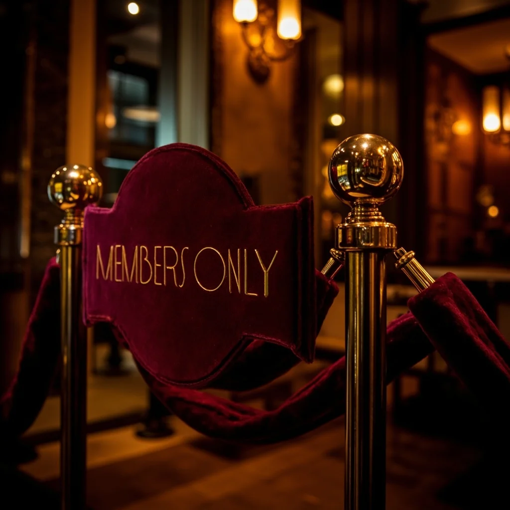 MEMBERS ONLY vintage velvet rope club sign, art deco styling, brass fixtures, exclusive nightclub entrance - MiniMax Image-01