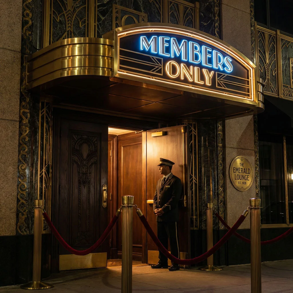 MEMBERS ONLY vintage velvet rope club sign, art deco styling, brass fixtures, exclusive nightclub entrance - Nano Banana Pro
