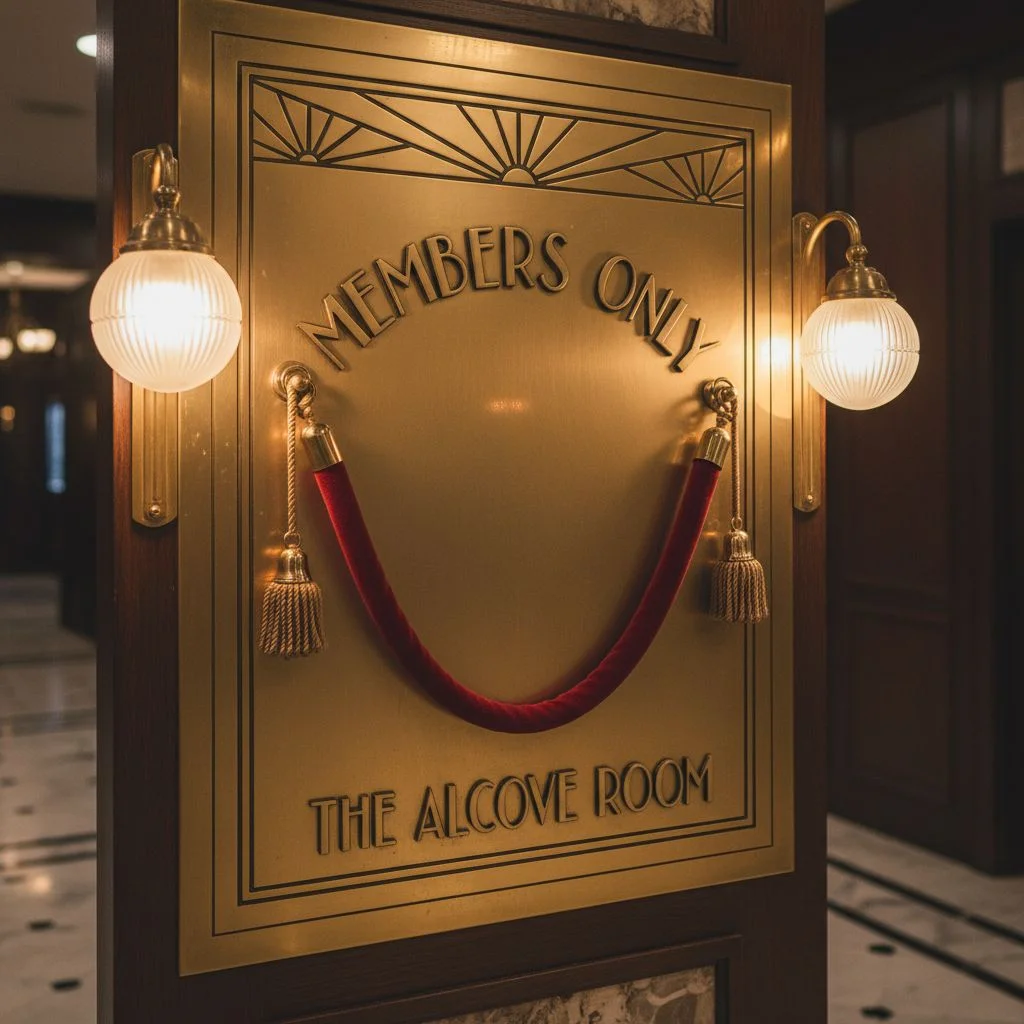 MEMBERS ONLY vintage velvet rope club sign, art deco styling, brass fixtures, exclusive nightclub entrance - Nano Banana