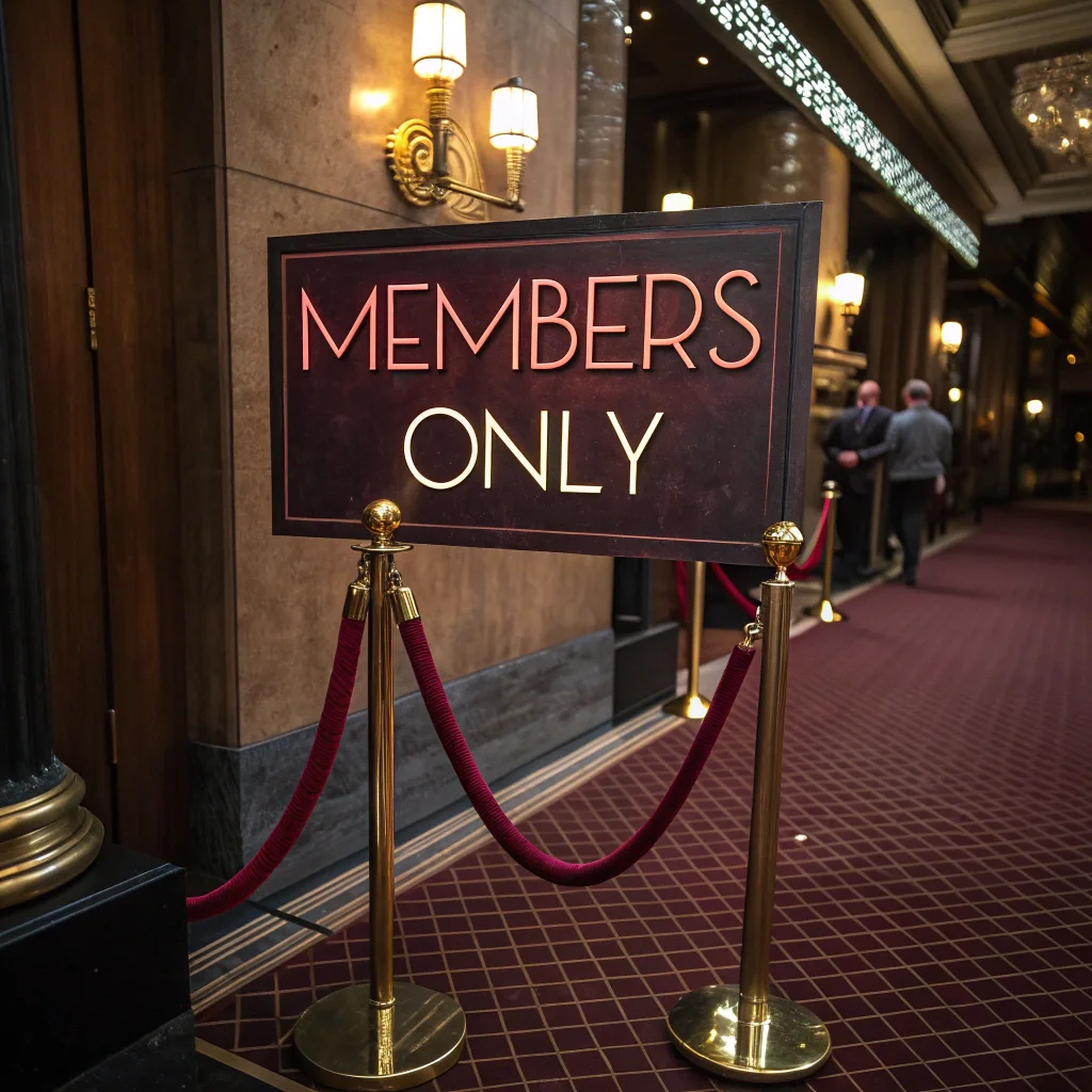 MEMBERS ONLY vintage velvet rope club sign, art deco styling, brass fixtures, exclusive nightclub entrance - Recraft V3
