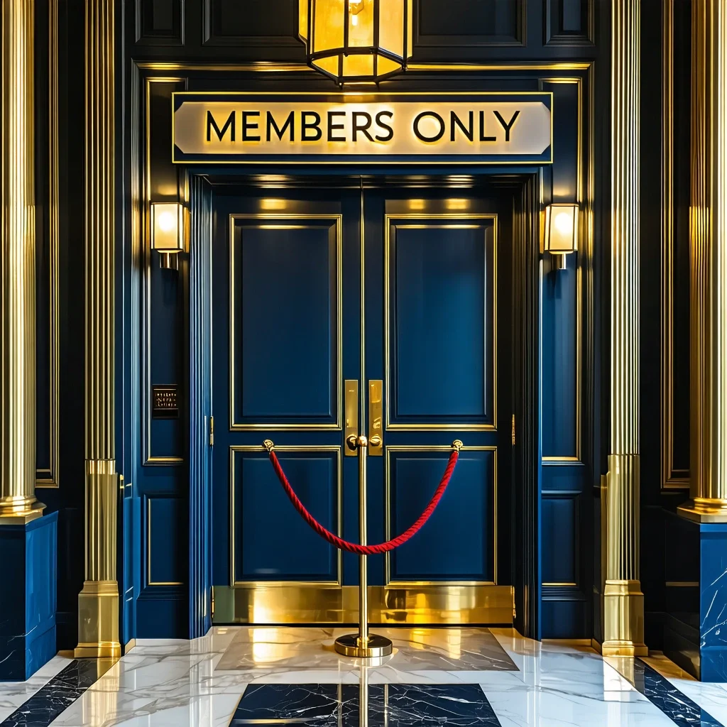 MEMBERS ONLY vintage velvet rope club sign, art deco styling, brass fixtures, exclusive nightclub entrance - Stable Diffusion 3.5 Large