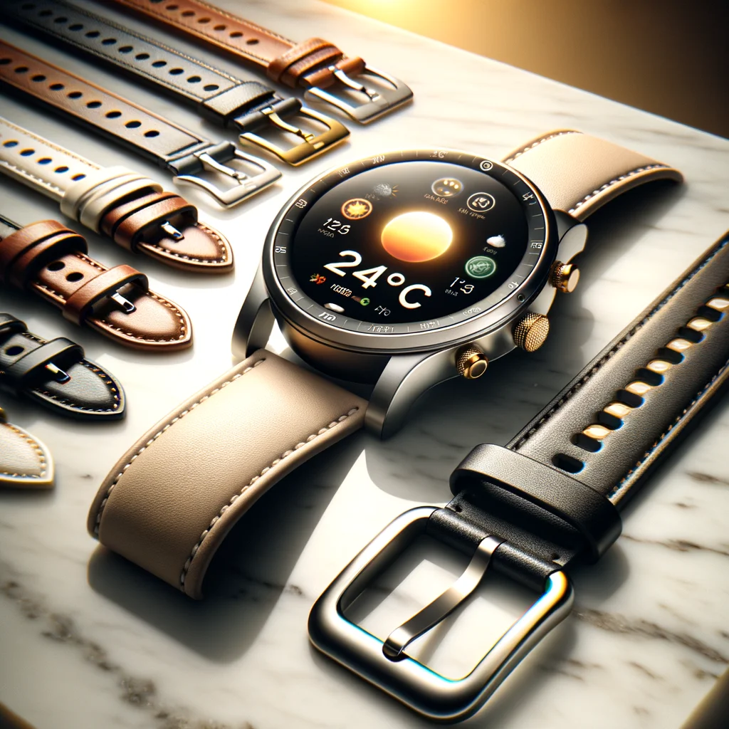 E-commerce product photo showcasing a high-end smartwatch with multiple interchangeable straps. Display the watch face with a detailed weather app interface showing '24°C' and sunny icon. Include leather, metal, and silicone strap options arranged neatly beside the watch. Marble surface, bright diffused lighting, shallow depth of field, focus on the watch face and strap details. Background should be a soft gradient. - DALL-E 3