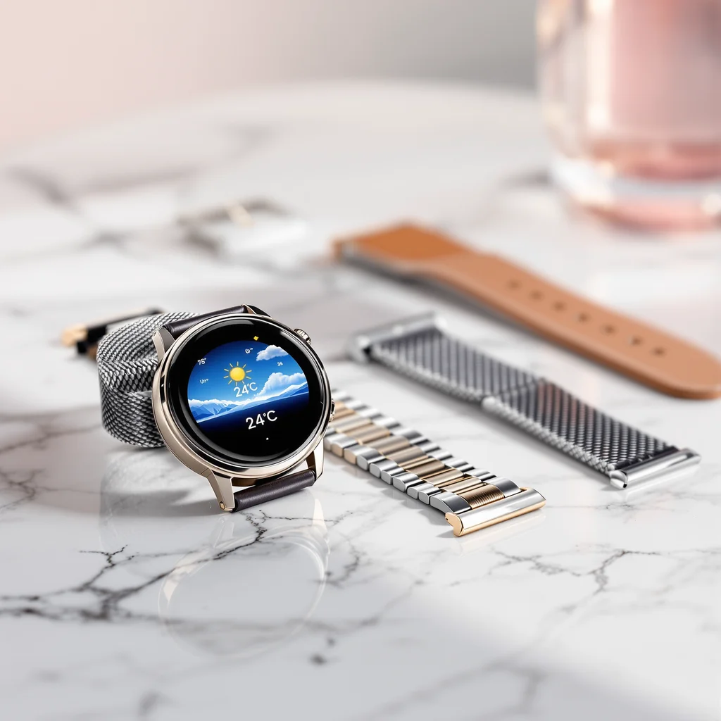 E-commerce product photo showcasing a high-end smartwatch with multiple interchangeable straps. Display the watch face with a detailed weather app interface showing '24°C' and sunny icon. Include leather, metal, and silicone strap options arranged neatly beside the watch. Marble surface, bright diffused lighting, shallow depth of field, focus on the watch face and strap details. Background should be a soft gradient. - Flux 1.1 Pro Ultra