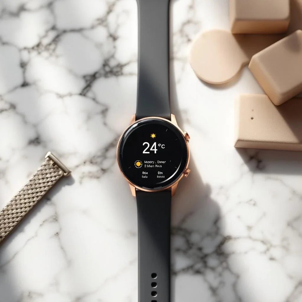 E-commerce product photo showcasing a high-end smartwatch with multiple interchangeable straps. Display the watch face with a detailed weather app interface showing '24°C' and sunny icon. Include leather, metal, and silicone strap options arranged neatly beside the watch. Marble surface, bright diffused lighting, shallow depth of field, focus on the watch face and strap details. Background should be a soft gradient. - Flux 1.1 Pro