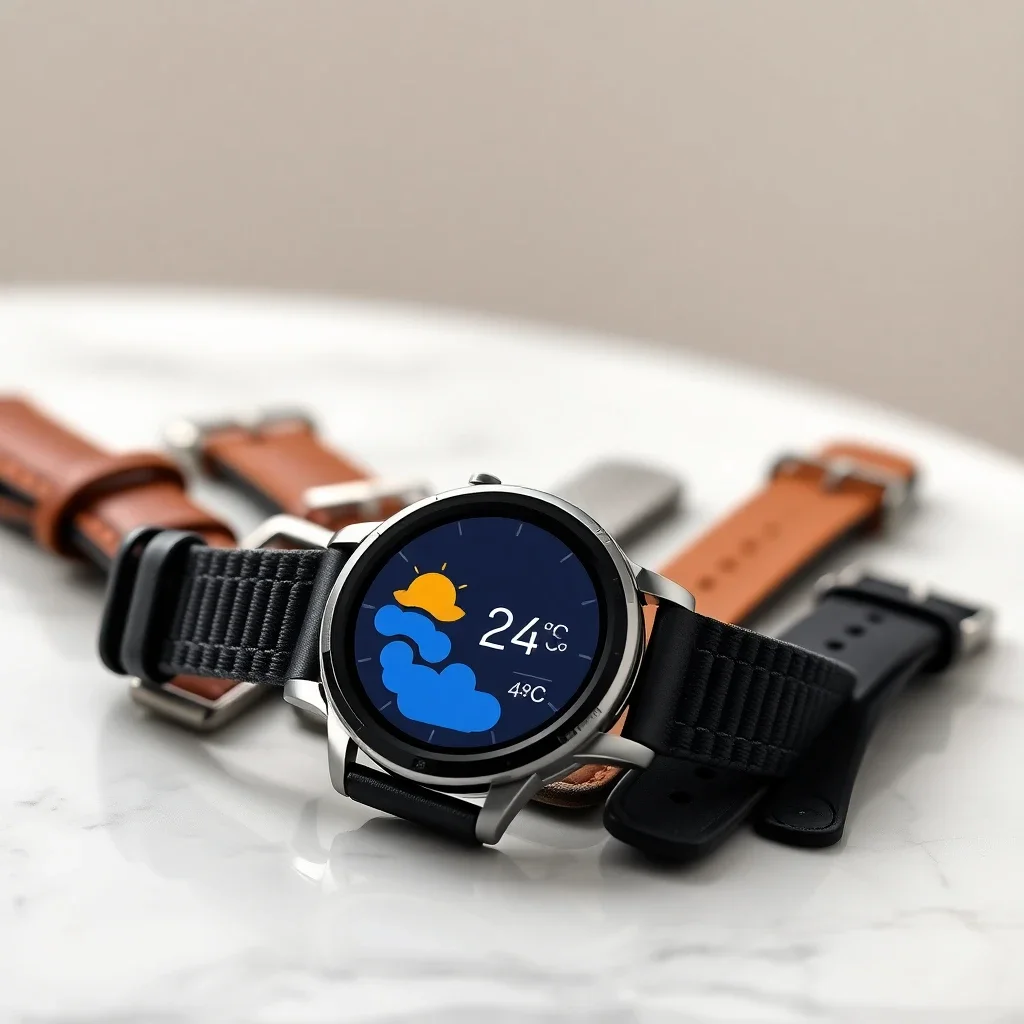 E-commerce product photo showcasing a high-end smartwatch with multiple interchangeable straps. Display the watch face with a detailed weather app interface showing '24°C' and sunny icon. Include leather, metal, and silicone strap options arranged neatly beside the watch. Marble surface, bright diffused lighting, shallow depth of field, focus on the watch face and strap details. Background should be a soft gradient. - Flux Schnell