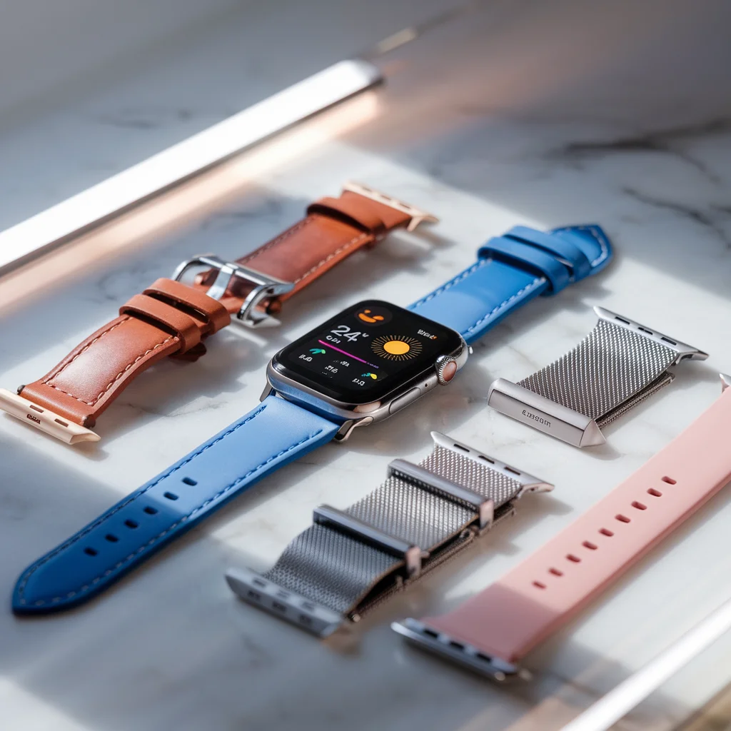 E-commerce product photo showcasing a high-end smartwatch with multiple interchangeable straps. Display the watch face with a detailed weather app interface showing '24°C' and sunny icon. Include leather, metal, and silicone strap options arranged neatly beside the watch. Marble surface, bright diffused lighting, shallow depth of field, focus on the watch face and strap details. Background should be a soft gradient. - Ideogram v2
