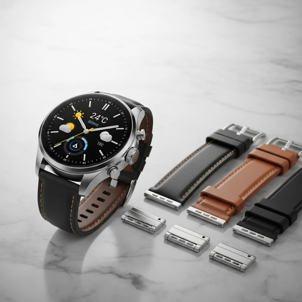 E-commerce product photo showcasing a high-end smartwatch with multiple interchangeable straps. Display the watch face with a detailed weather app interface showing '24°C' and sunny icon. Include leather, metal, and silicone strap options arranged neatly beside the watch. Marble surface, bright diffused lighting, shallow depth of field, focus on the watch face and strap details. Background should be a soft gradient. - Imagen 4