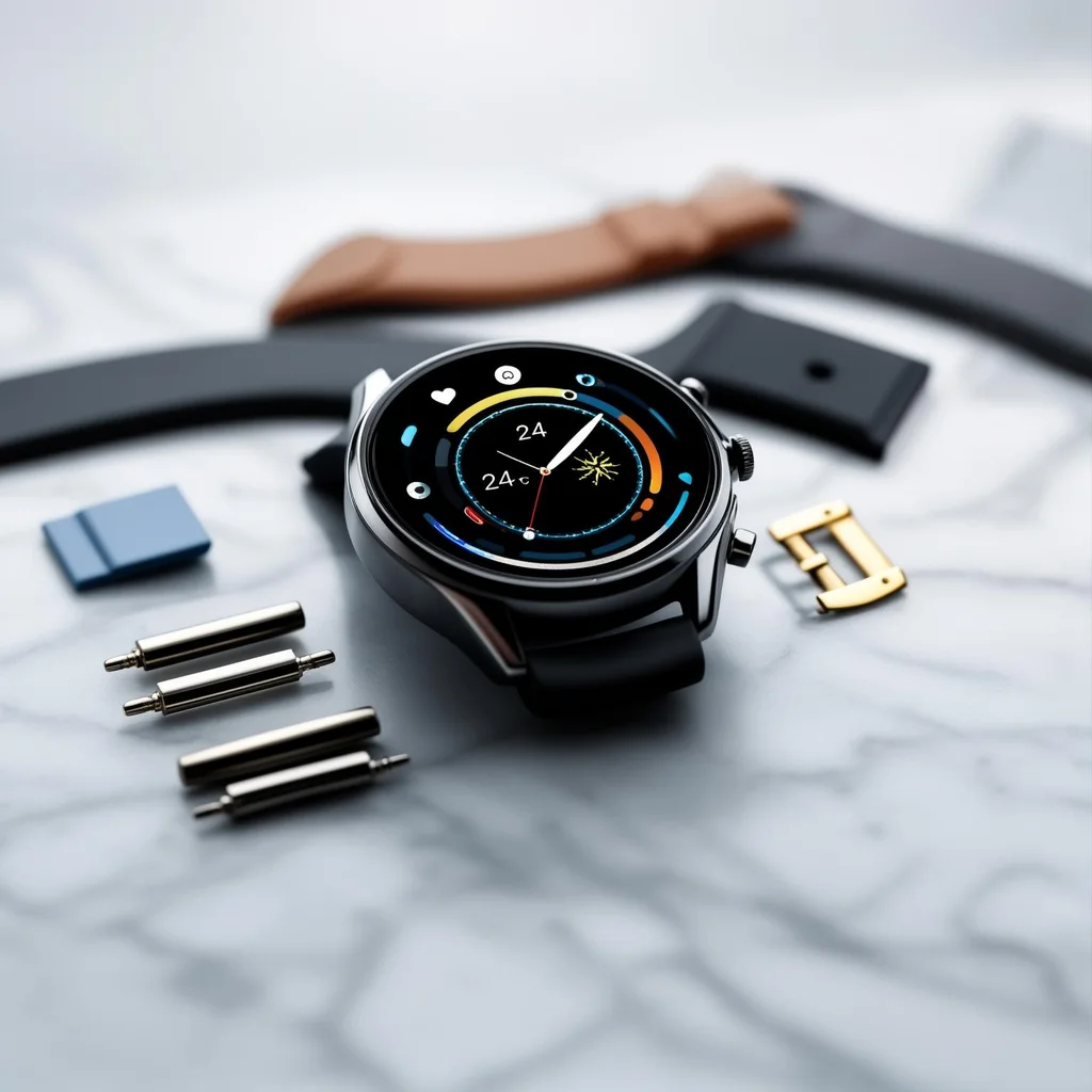E-commerce product photo showcasing a high-end smartwatch with multiple interchangeable straps. Display the watch face with a detailed weather app interface showing '24°C' and sunny icon. Include leather, metal, and silicone strap options arranged neatly beside the watch. Marble surface, bright diffused lighting, shallow depth of field, focus on the watch face and strap details. Background should be a soft gradient. - Luma Photon Flash