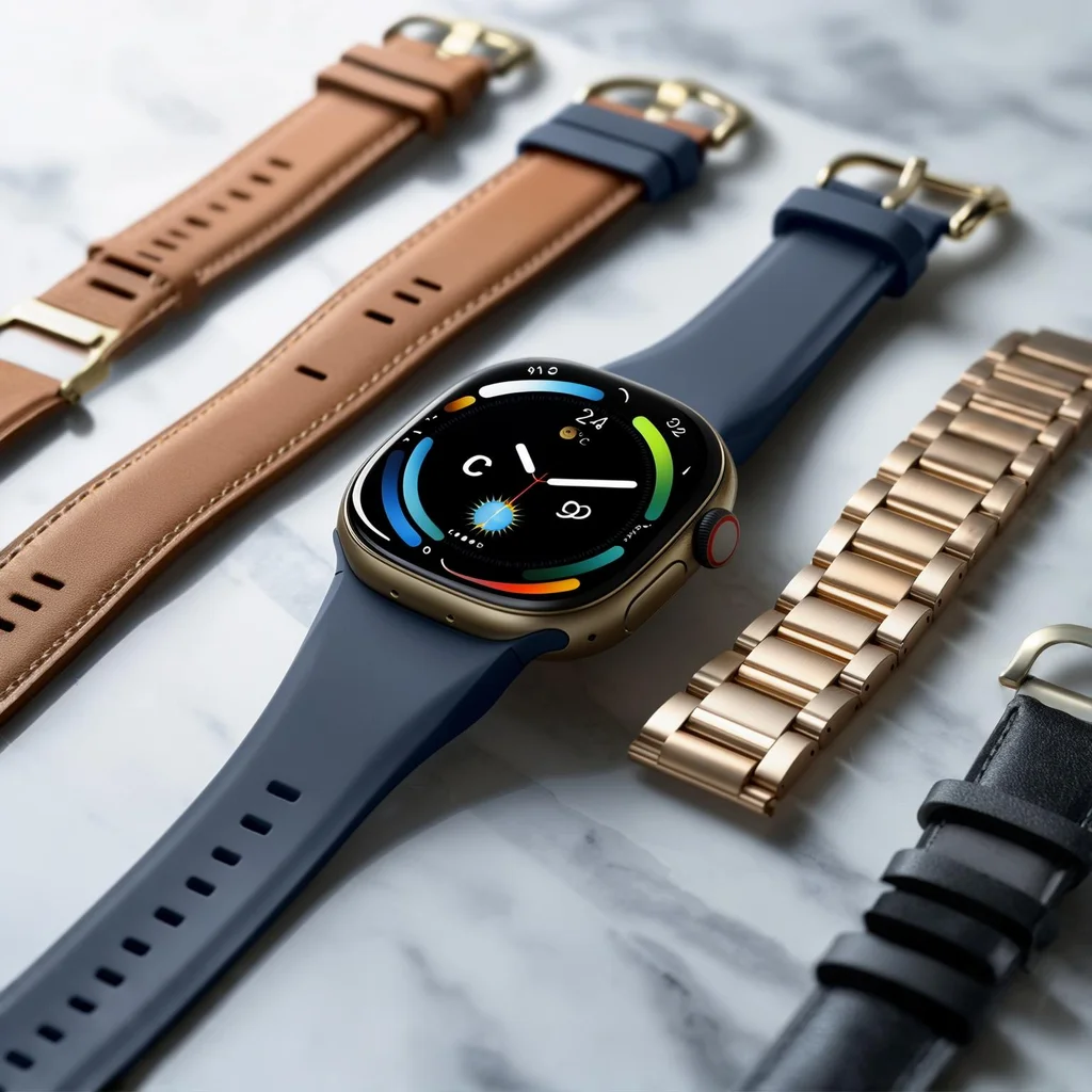 E-commerce product photo showcasing a high-end smartwatch with multiple interchangeable straps. Display the watch face with a detailed weather app interface showing '24°C' and sunny icon. Include leather, metal, and silicone strap options arranged neatly beside the watch. Marble surface, bright diffused lighting, shallow depth of field, focus on the watch face and strap details. Background should be a soft gradient. - Luma Photon