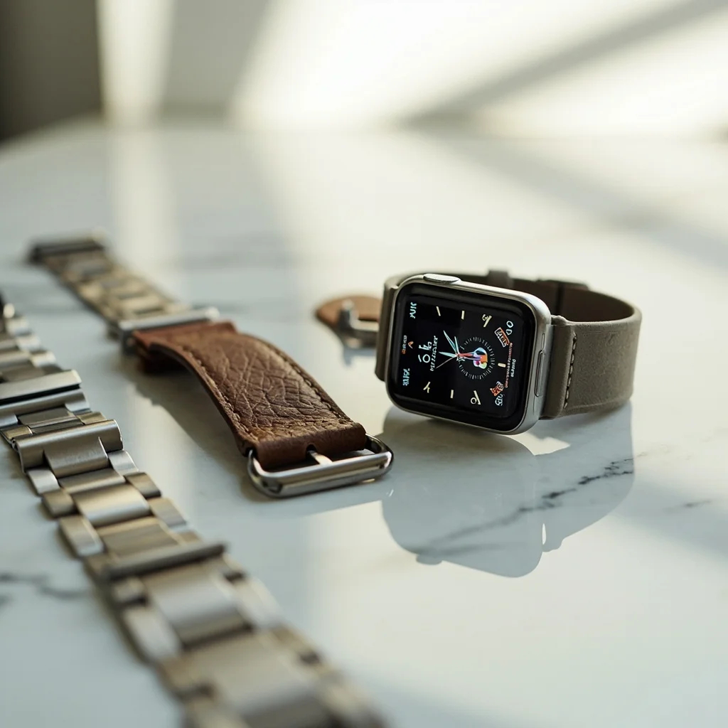 E-commerce product photo showcasing a high-end smartwatch with multiple interchangeable straps. Display the watch face with a detailed weather app interface showing '24°C' and sunny icon. Include leather, metal, and silicone strap options arranged neatly beside the watch. Marble surface, bright diffused lighting, shallow depth of field, focus on the watch face and strap details. Background should be a soft gradient. - MiniMax Image-01