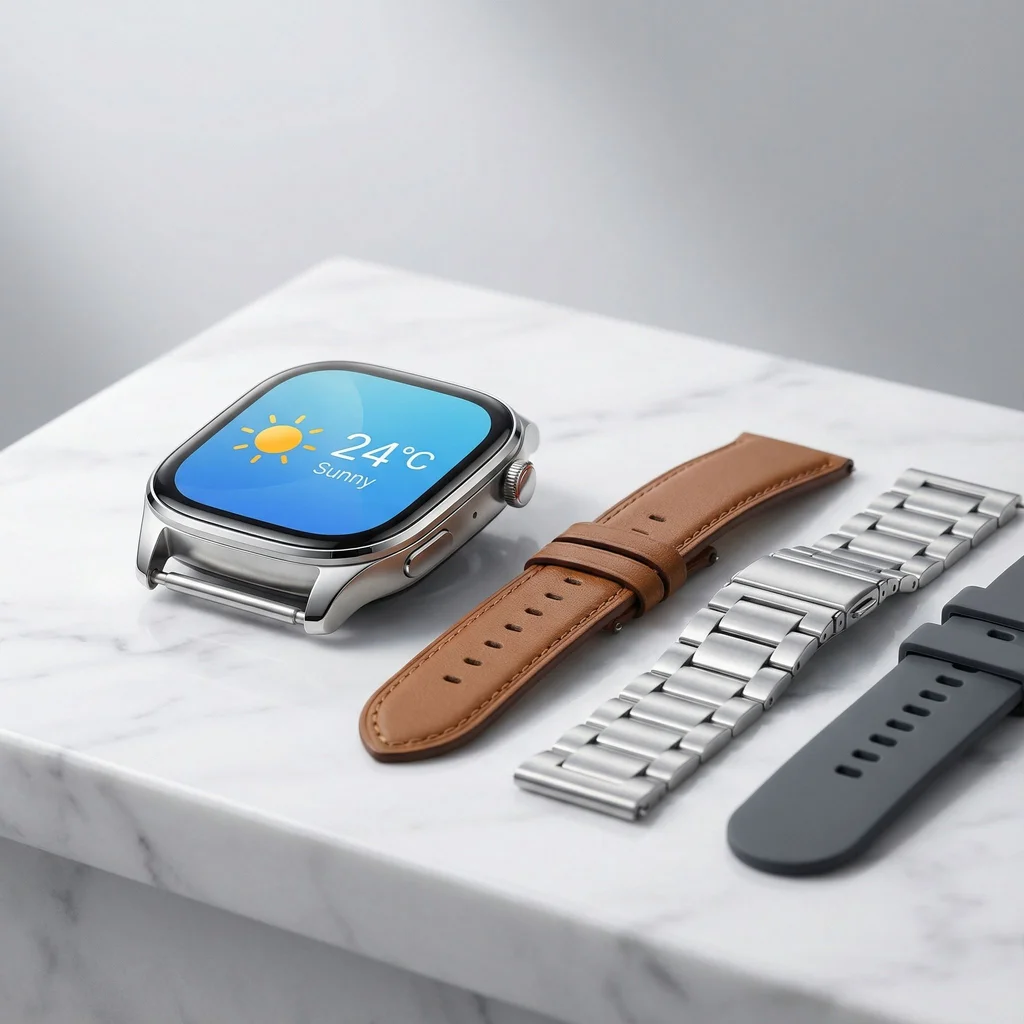 E-commerce product photo showcasing a high-end smartwatch with multiple interchangeable straps. Display the watch face with a detailed weather app interface showing '24°C' and sunny icon. Include leather, metal, and silicone strap options arranged neatly beside the watch. Marble surface, bright diffused lighting, shallow depth of field, focus on the watch face and strap details. Background should be a soft gradient. - Nano Banana Pro