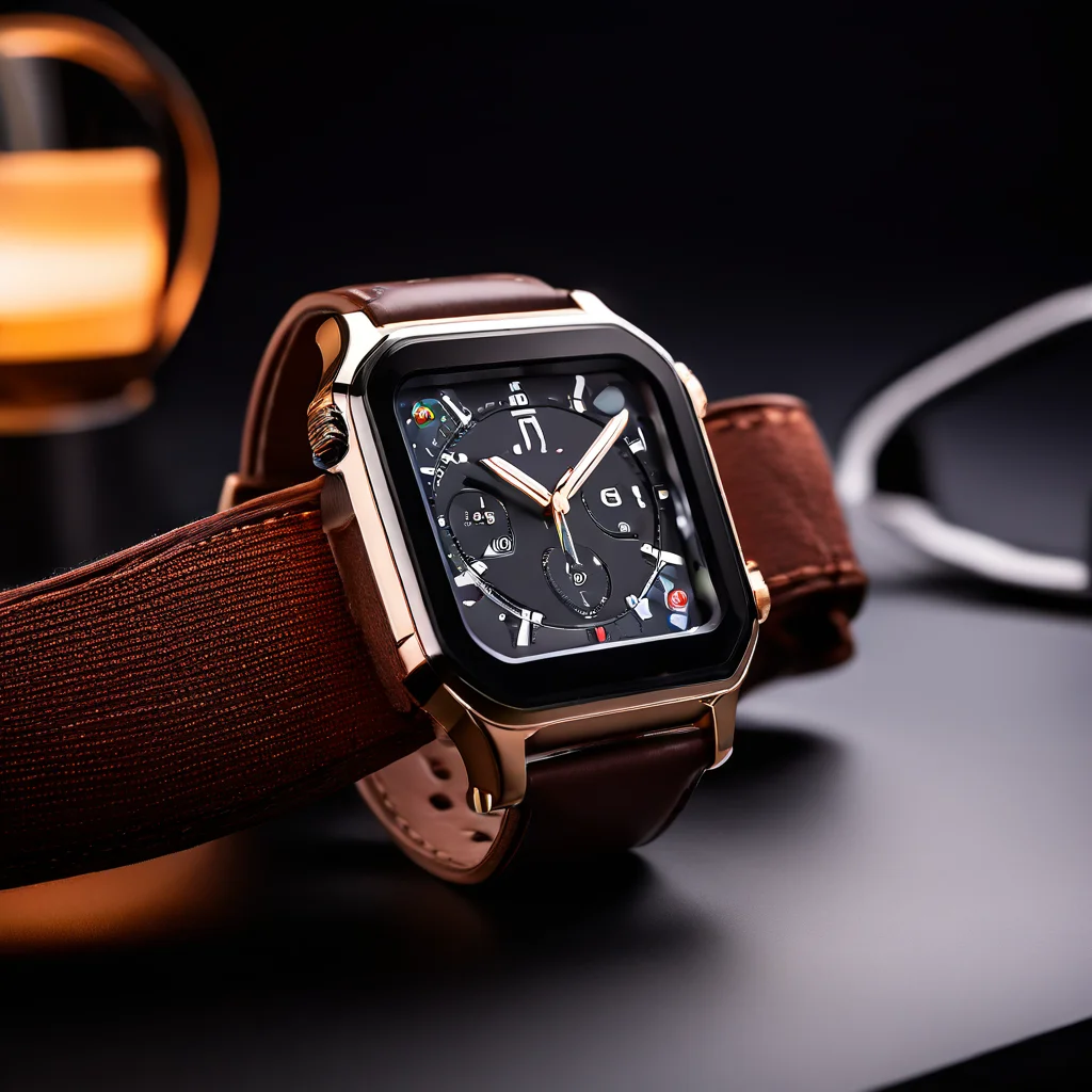 E-commerce product photo showcasing a high-end smartwatch with multiple interchangeable straps. Display the watch face with a detailed weather app interface showing '24°C' and sunny icon. Include leather, metal, and silicone strap options arranged neatly beside the watch. Marble surface, bright diffused lighting, shallow depth of field, focus on the watch face and strap details. Background should be a soft gradient. - Playground v2.5