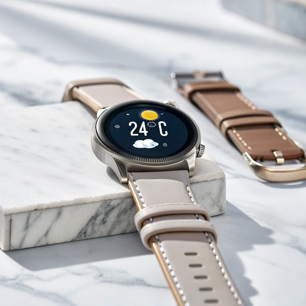 E-commerce product photo showcasing a high-end smartwatch with multiple interchangeable straps. Display the watch face with a detailed weather app interface showing '24°C' and sunny icon. Include leather, metal, and silicone strap options arranged neatly beside the watch. Marble surface, bright diffused lighting, shallow depth of field, focus on the watch face and strap details. Background should be a soft gradient. - Recraft V3