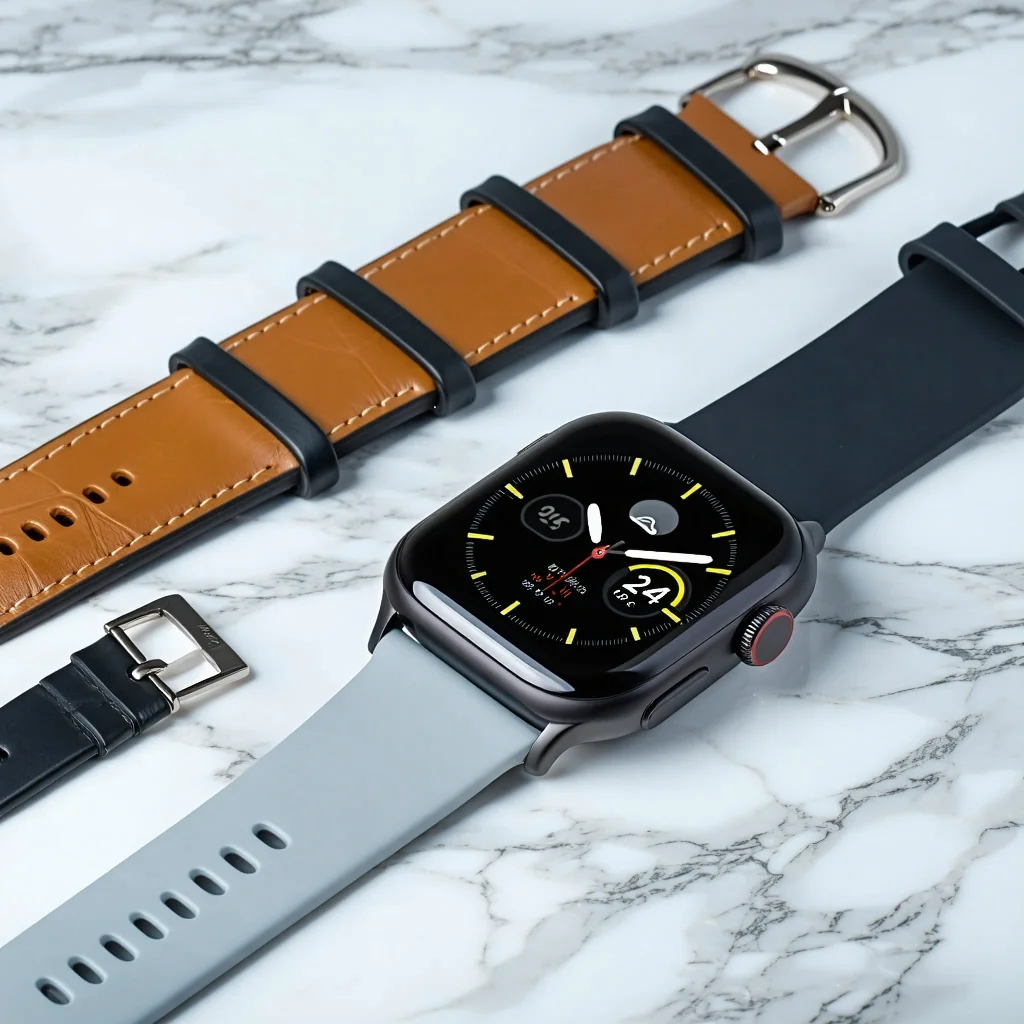E-commerce product photo showcasing a high-end smartwatch with multiple interchangeable straps. Display the watch face with a detailed weather app interface showing '24°C' and sunny icon. Include leather, metal, and silicone strap options arranged neatly beside the watch. Marble surface, bright diffused lighting, shallow depth of field, focus on the watch face and strap details. Background should be a soft gradient. - Stable Diffusion 3.5 Large