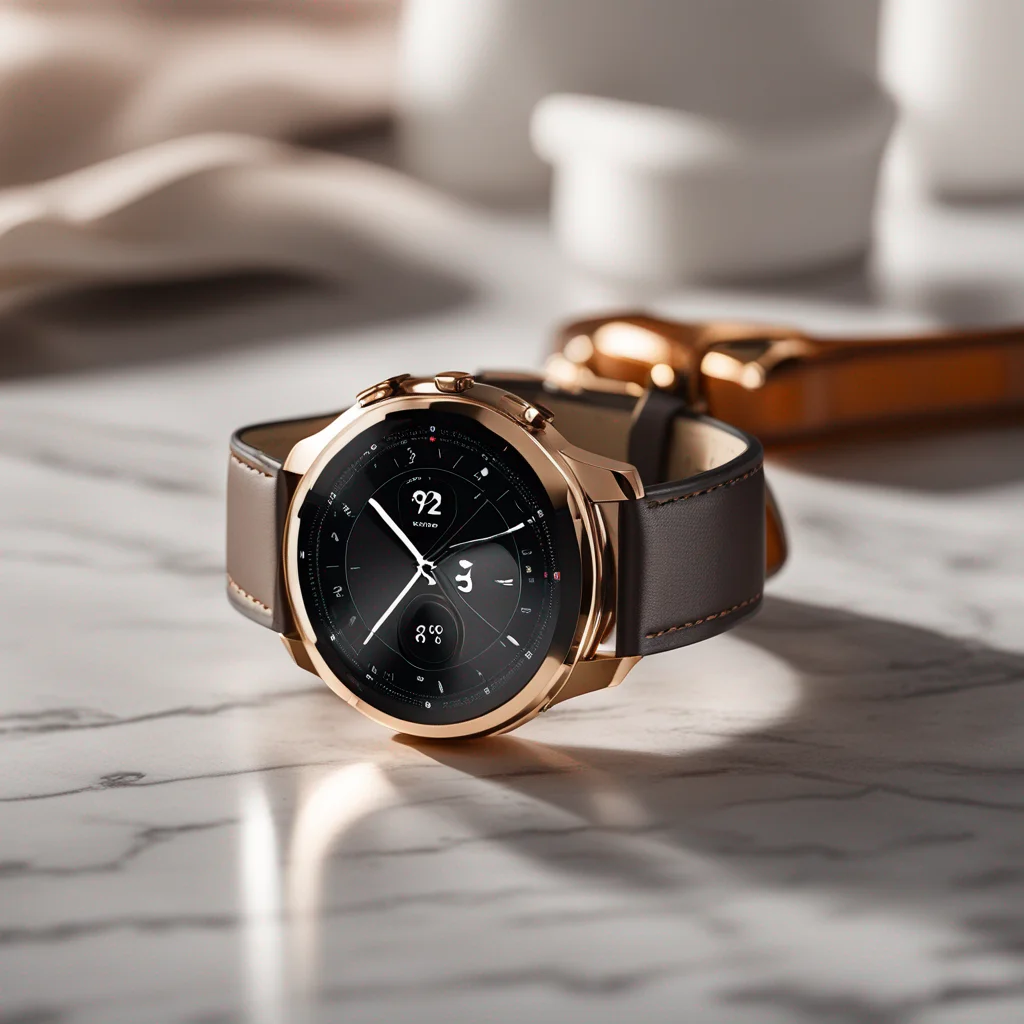 E-commerce product photo showcasing a high-end smartwatch with multiple interchangeable straps. Display the watch face with a detailed weather app interface showing '24°C' and sunny icon. Include leather, metal, and silicone strap options arranged neatly beside the watch. Marble surface, bright diffused lighting, shallow depth of field, focus on the watch face and strap details. Background should be a soft gradient. - Stable Diffusion XL