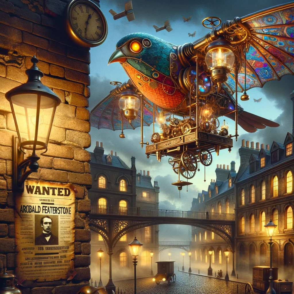 A steampunk-style ornithopter powered by clockwork gears and vacuum tubes soars over a Victorian cityscape at twilight. Intricate brass details, glowing valves, and a stained-glass cockpit. In the foreground, a cobbled street with gas lamps casting a warm glow. A WANTED poster affixed to a brick wall with the text "Captain Archibald Featherstone - Air Pirate". - DALL-E 3