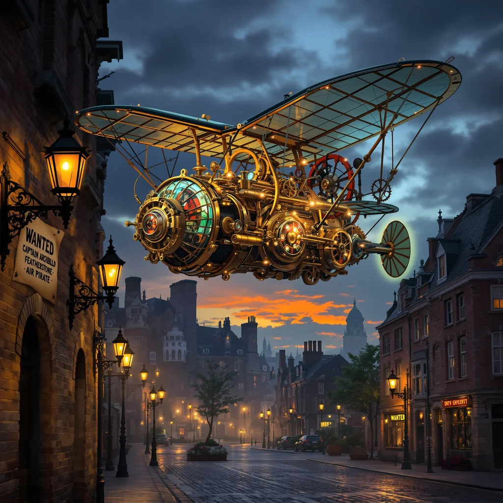 A steampunk-style ornithopter powered by clockwork gears and vacuum tubes soars over a Victorian cityscape at twilight. Intricate brass details, glowing valves, and a stained-glass cockpit. In the foreground, a cobbled street with gas lamps casting a warm glow. A WANTED poster affixed to a brick wall with the text "Captain Archibald Featherstone - Air Pirate". - Flux 1.1 Pro Ultra
