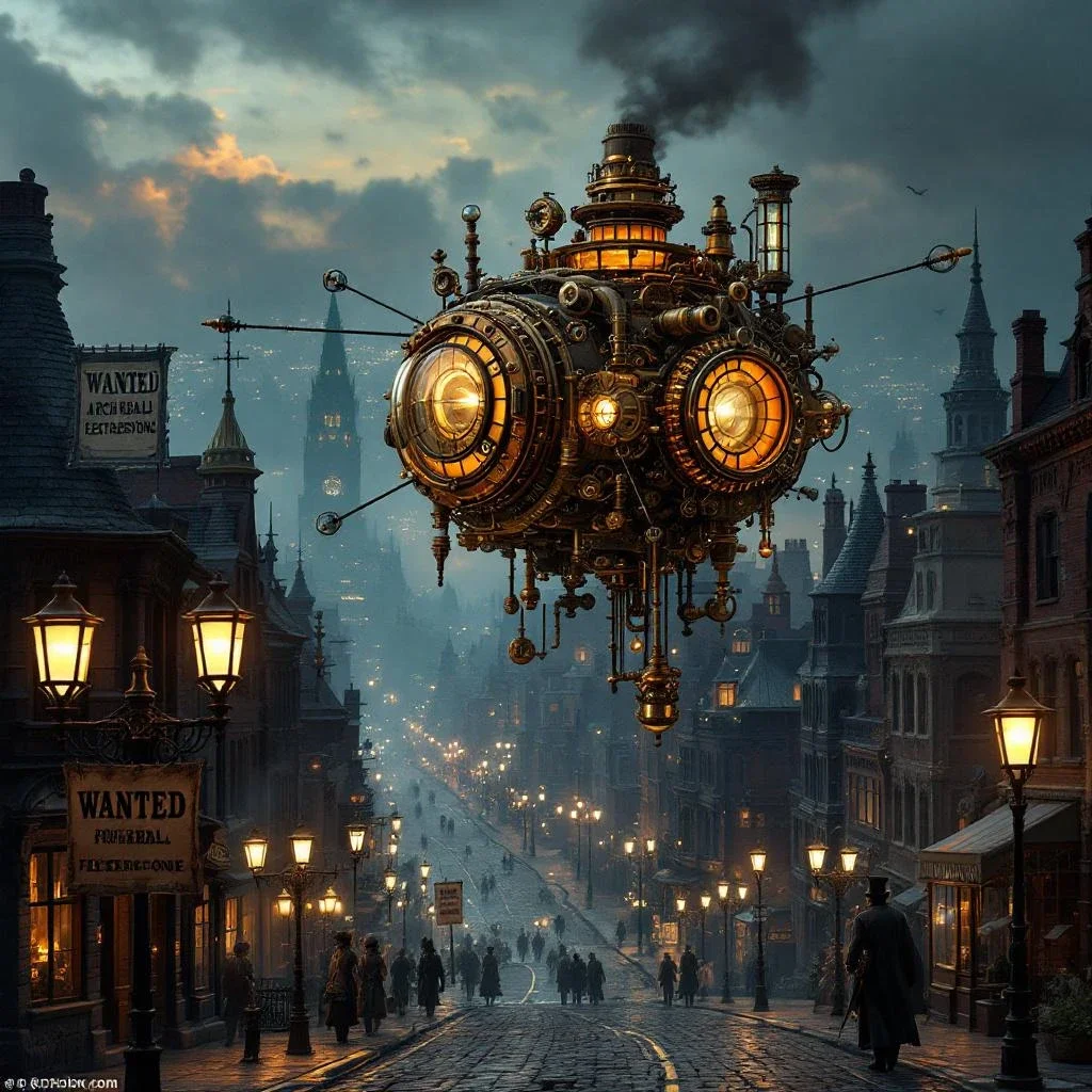 A steampunk-style ornithopter powered by clockwork gears and vacuum tubes soars over a Victorian cityscape at twilight. Intricate brass details, glowing valves, and a stained-glass cockpit. In the foreground, a cobbled street with gas lamps casting a warm glow. A WANTED poster affixed to a brick wall with the text "Captain Archibald Featherstone - Air Pirate". - Flux 1.1 Pro